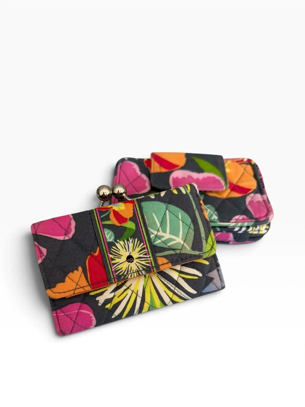 Vera Bradley Jazzy Blooms Quilted Wallet Bundle - Zip Around & Kisslock Clasp